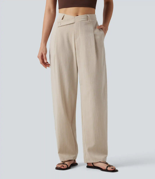 Asymmetric Mid Rise Barrel Leg Work Linen-Feel Pants with Pockets