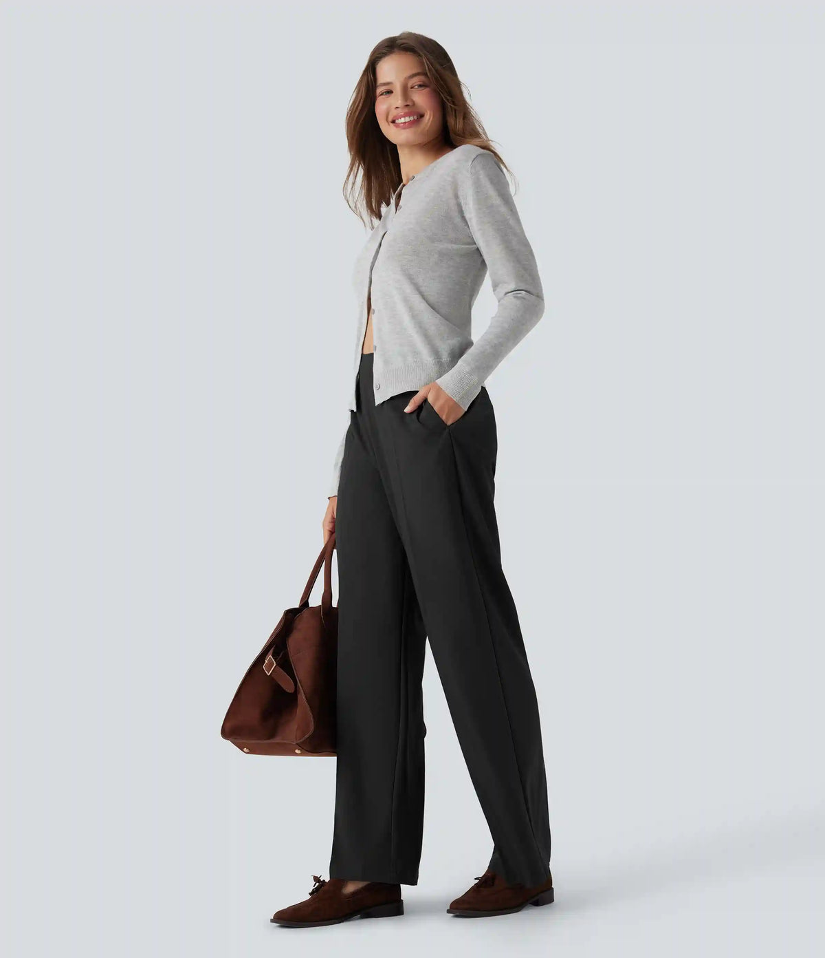High Waisted Zipper Straight Leg Work Pants with Pockets
