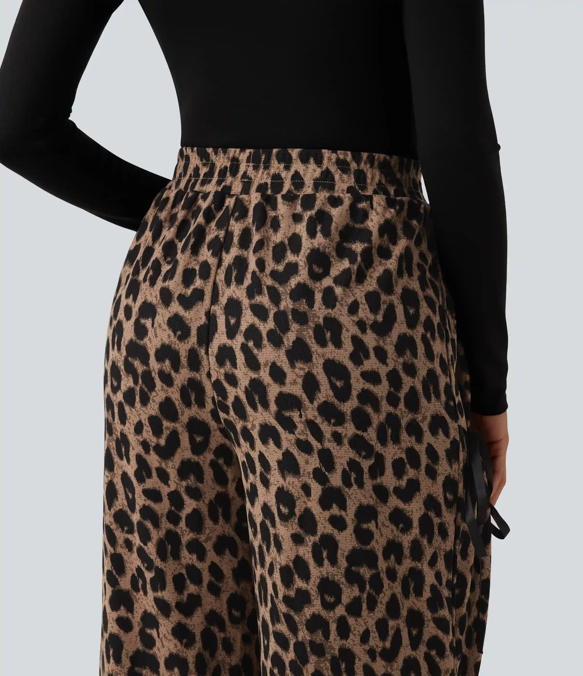 High Waisted Leopard Print Waffle Wide Leg Casual Pants with Pockets