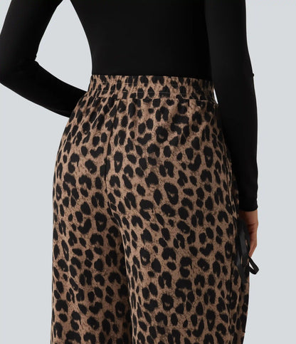 High Waisted Leopard Print Waffle Wide Leg Casual Pants with Pockets