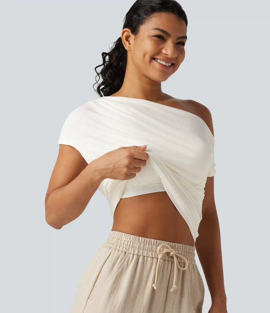 Ribbed One Shoulder Short Sleeve Ruched Built-in Bra Casual T-Shirt