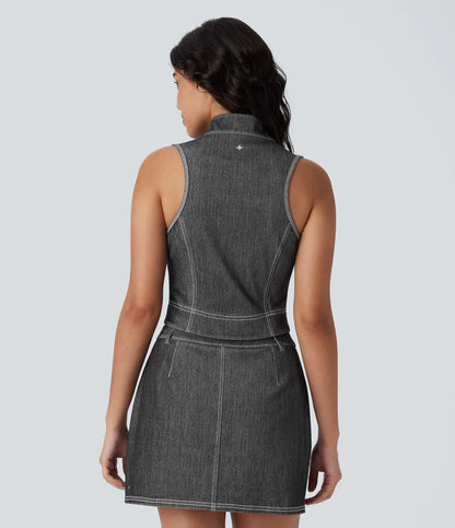 Halara Flex™ Stand Collar Zipper InstantCool Washed Denim Tennis Tank Top