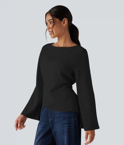 Boat Neck Flounce Long Sleeve Tie Back Asymmetric Hem Casual Blouse