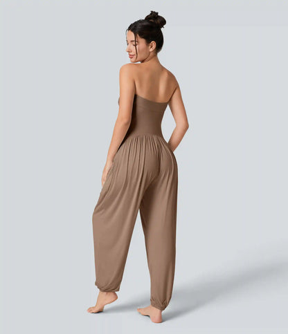 Ribbed Tube Backless Side Pocket Casual Jumpsuit