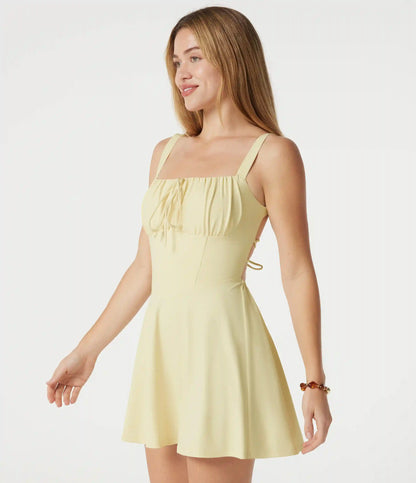 Crisscross Backless Square Neck Sleeveless Ruched Built-in Bra Mini Resort Flowy Milkmaid Dress