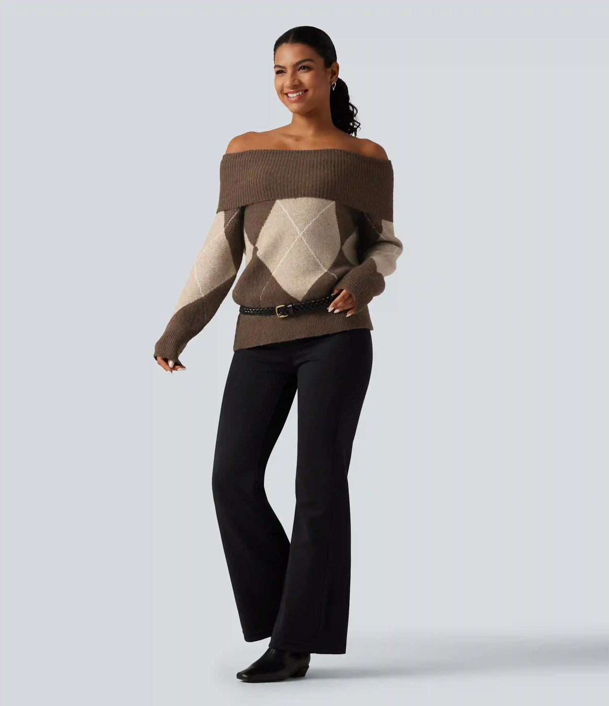 Off Shoulder Long Sleeve Gingham Casual Sweater