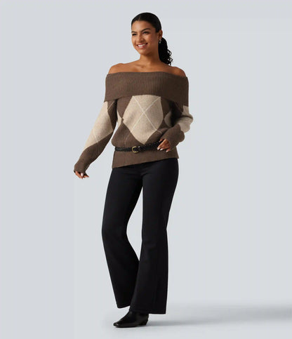 Off Shoulder Long Sleeve Gingham Casual Sweater