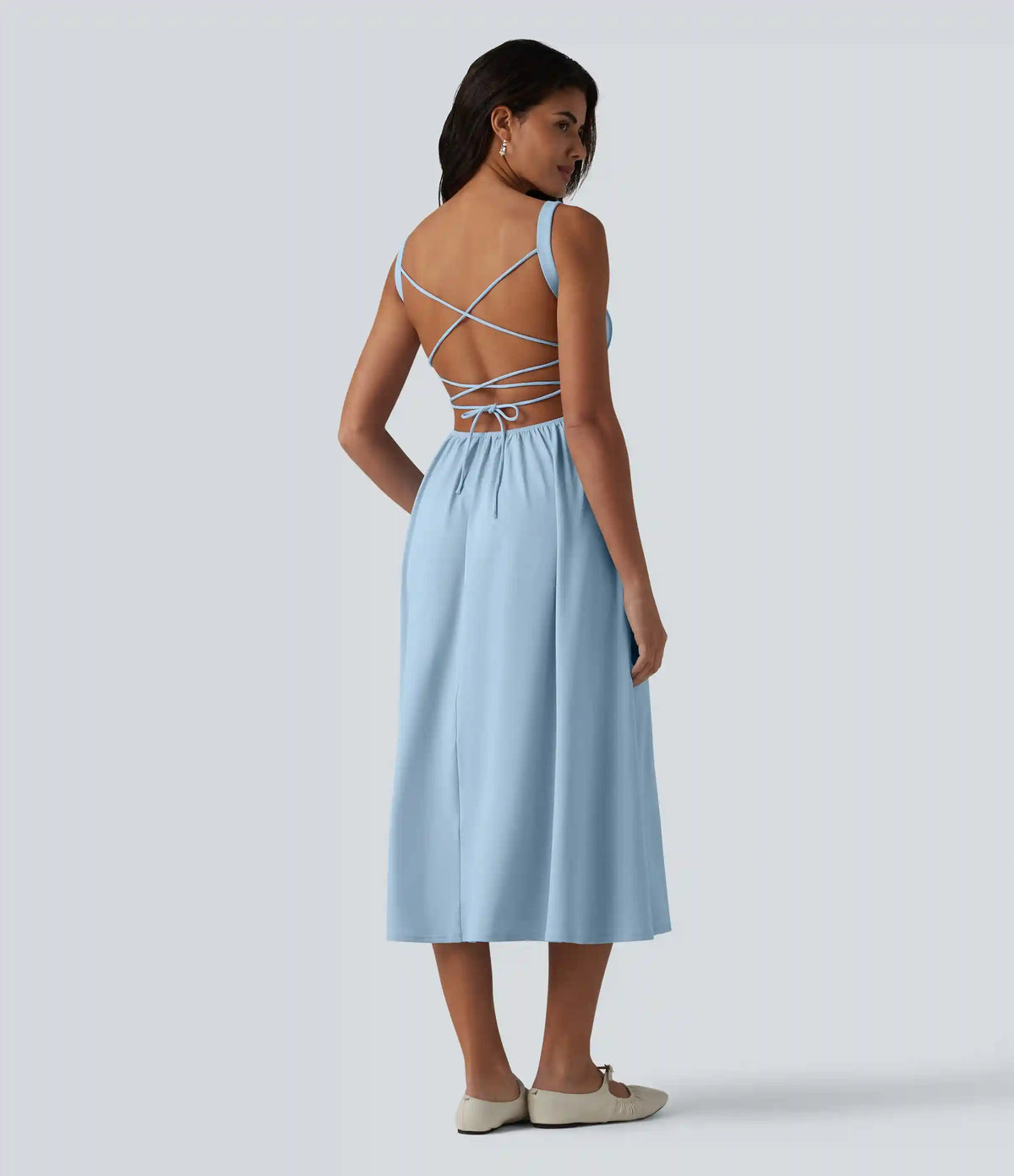 Crisscross Backless Square Neck Sleeveless Ruched Built-in Bra Midi Resort Flowy Milkmaid Dress