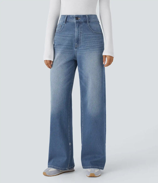Halara Flex™ High Waisted Pockets Adjustable Hem Wide Leg Washed Casual Jeans