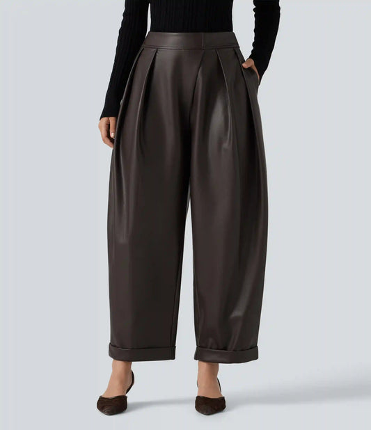 High Waisted Barrel Leg Stretchy PU Fleece Casual Pants with Pockets