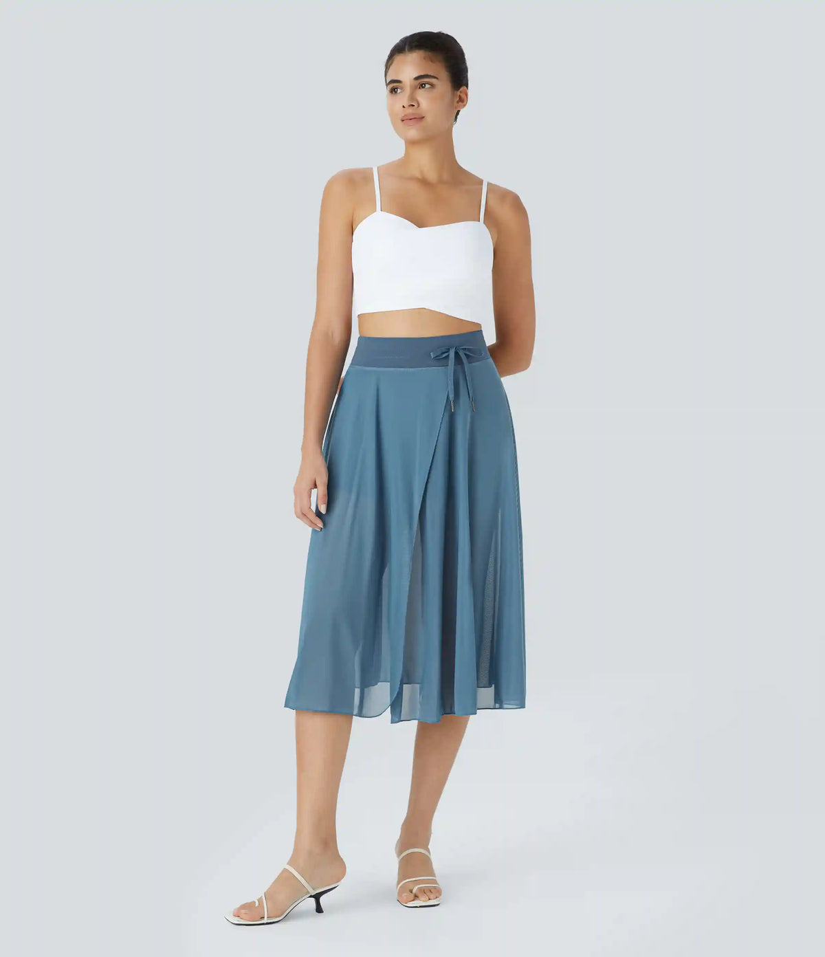 High Waisted Drawstring Contrast Mesh 2-in-1 Pocket Flowy Midi Flare Casual Skirt