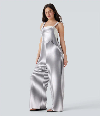 Pockets Stripe Waffle Overalls