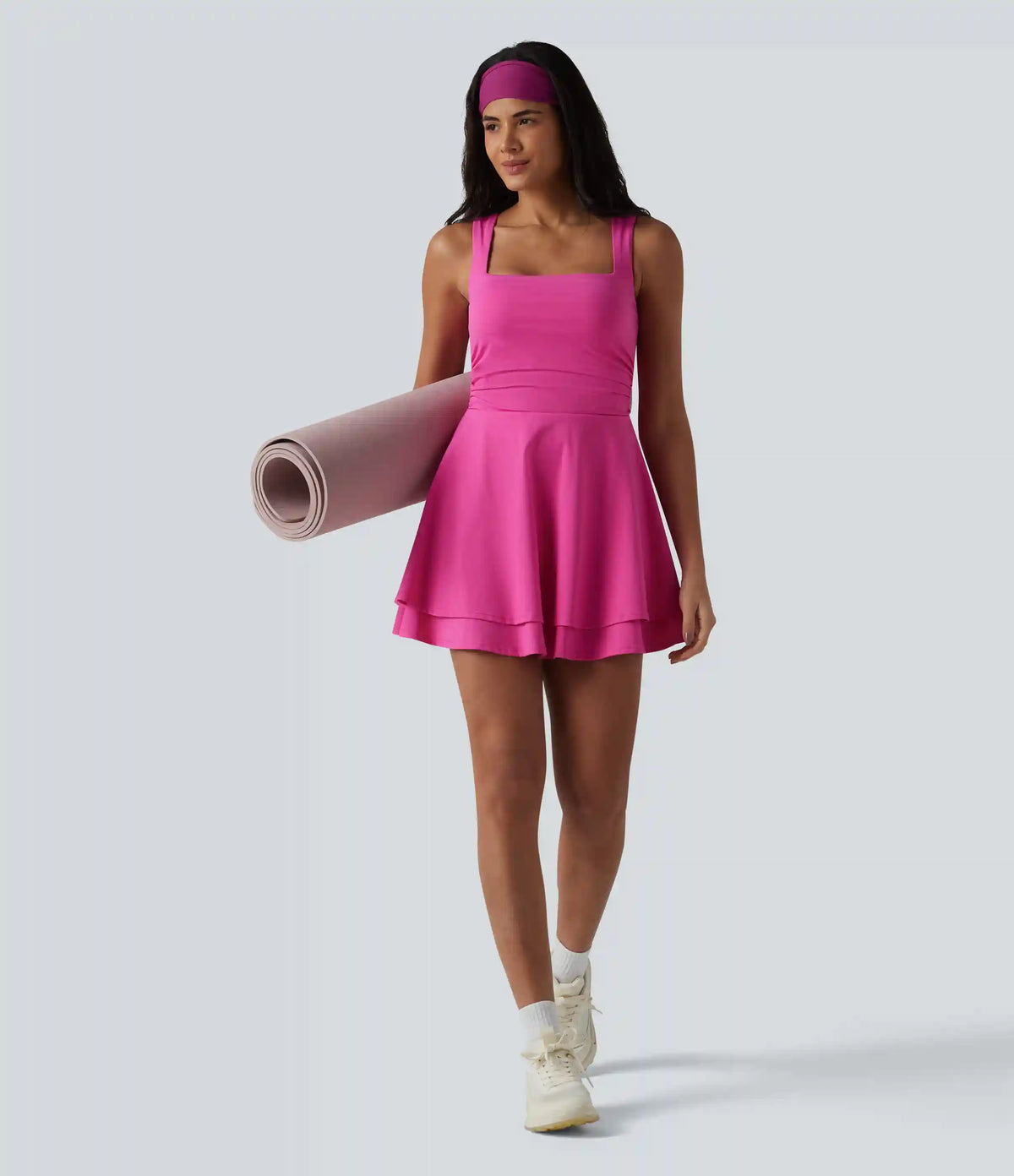 SoftlyZero™ Airy Square Neck Built-in Bra Sleeveless 2-in-1 Layered InstantCool Mini Yoga Active Dress with Pockets-Easy Peezy Edition