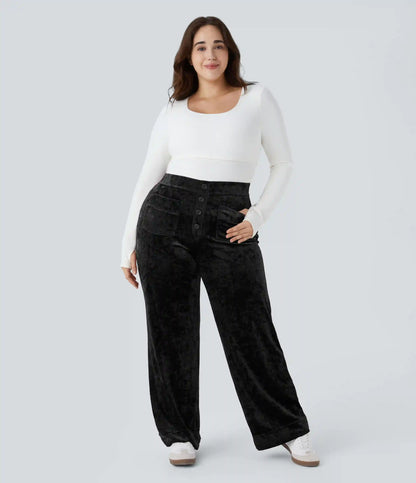 High Waisted Pockets Straight Leg Velvet Casual Plus Size Pants