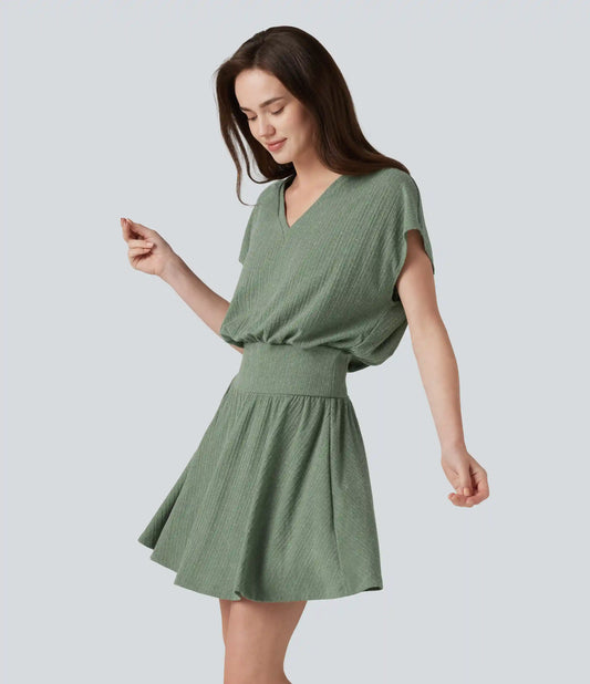 Ribbed Knit V-neck Short Sleeve 2-in-1 Mini Casual Linen-Blend Flowy Dress
