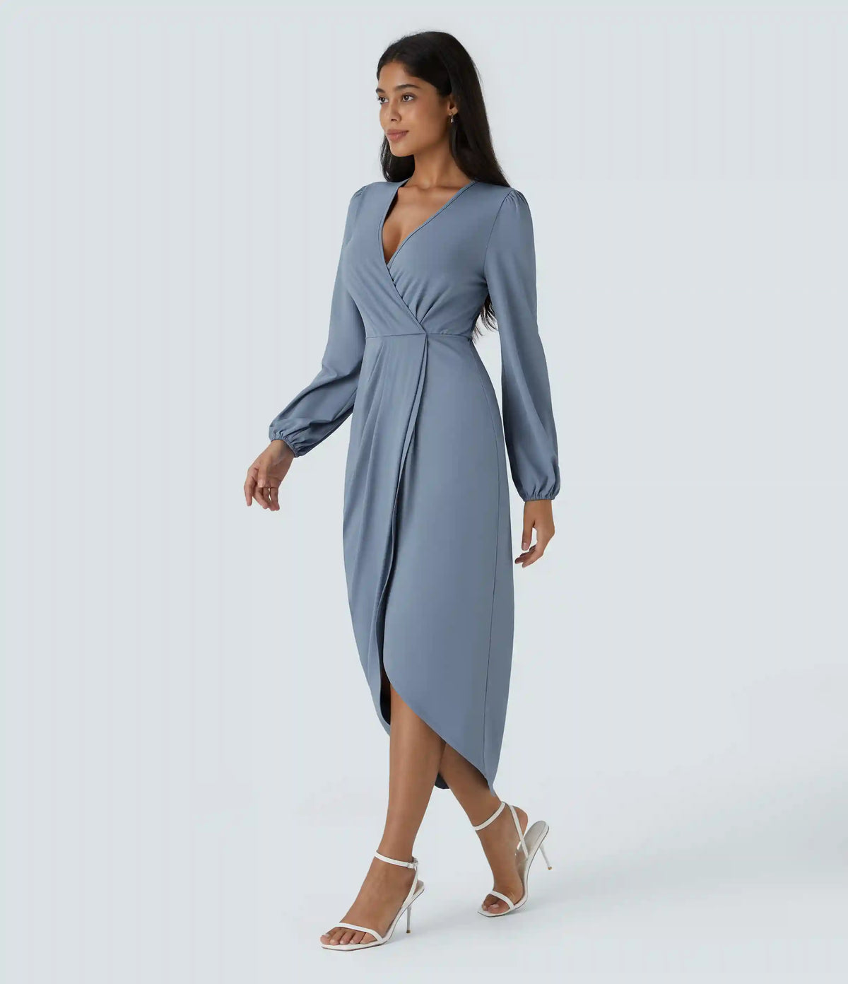 V Neck Long Sleeve Tulip Hem Midi Dress
