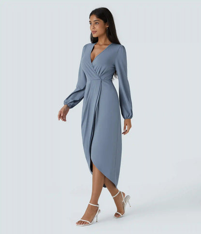 V Neck Long Sleeve Tulip Hem Midi Dress