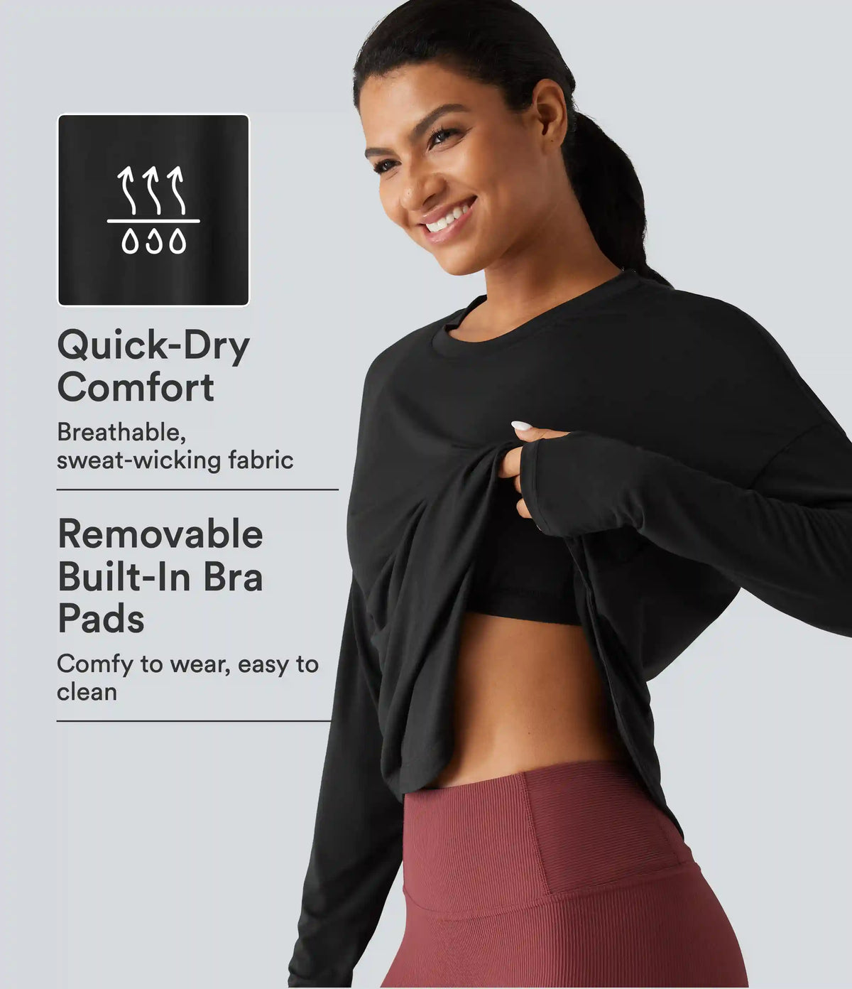 Round Neck Long Sleeve Thumb Hole Built-in Bra Quick Dry Yoga Sports Top