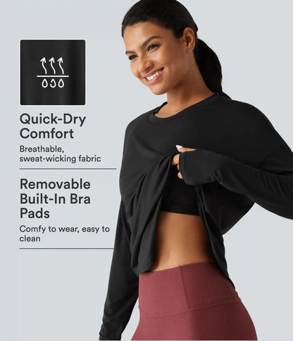 Round Neck Long Sleeve Thumb Hole Built-in Bra Quick Dry Yoga Sports Top
