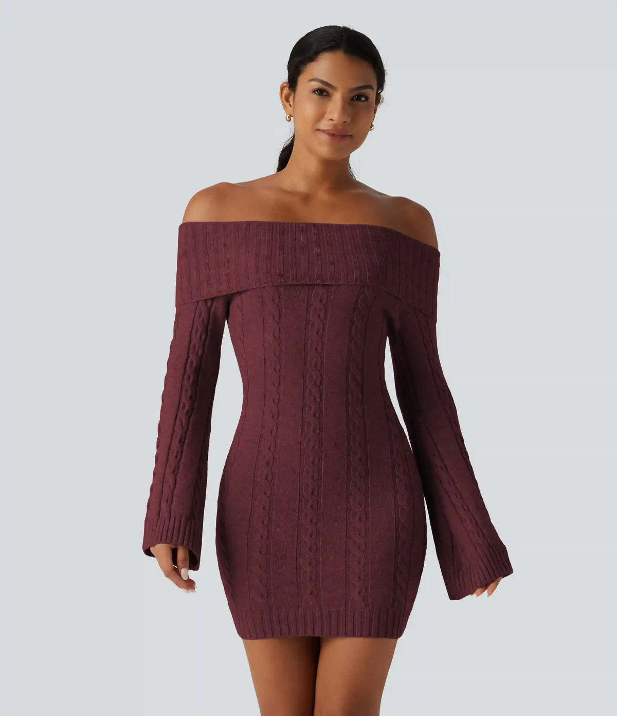 Off Shoulder Bell Long Sleeve Bodycon Mini Casual Sweater Dress
