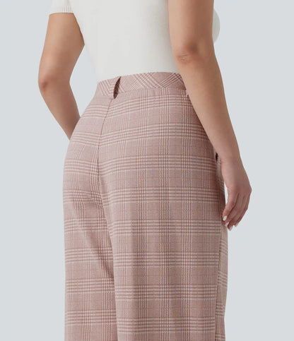 Plus Size High Waisted Wide Leg Houndstooth Plaid Casual Pants with Pockets
