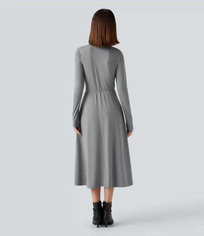 Mock Neck Long Sleeve Midi Work Dress with Pockets