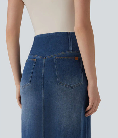 Halara Flex™ Asymmetric High Waisted Tummy Control Split Denim Casual Straight Skirt with Pockets