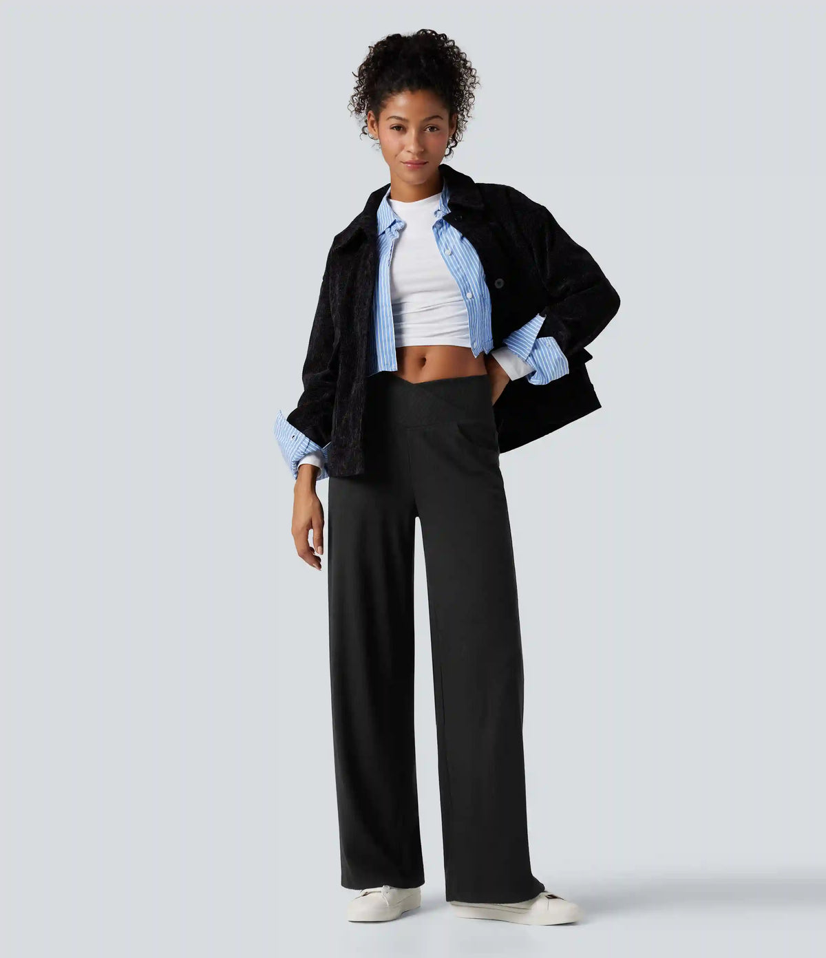 Ribbed Knit High Waisted Crossover Tummy Control Straight Leg Casual Pants with Pockets