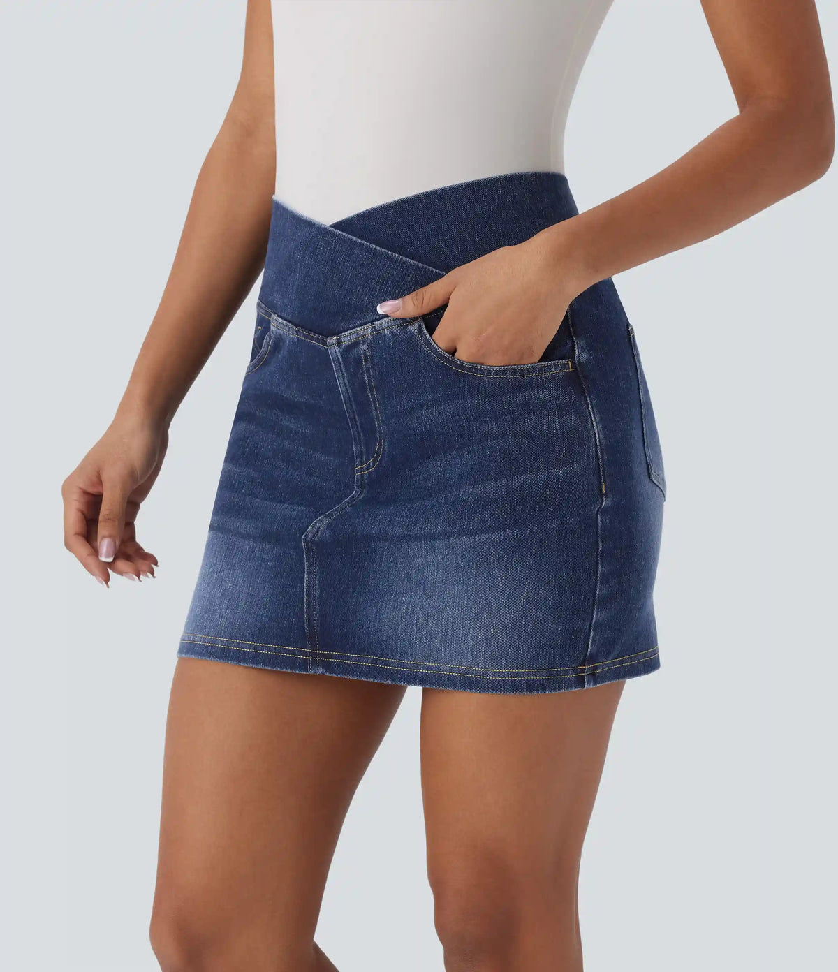Halara Flex™ Crossover High Waisted Pockets Bodycon Mini Washed Denim Casual Skirt