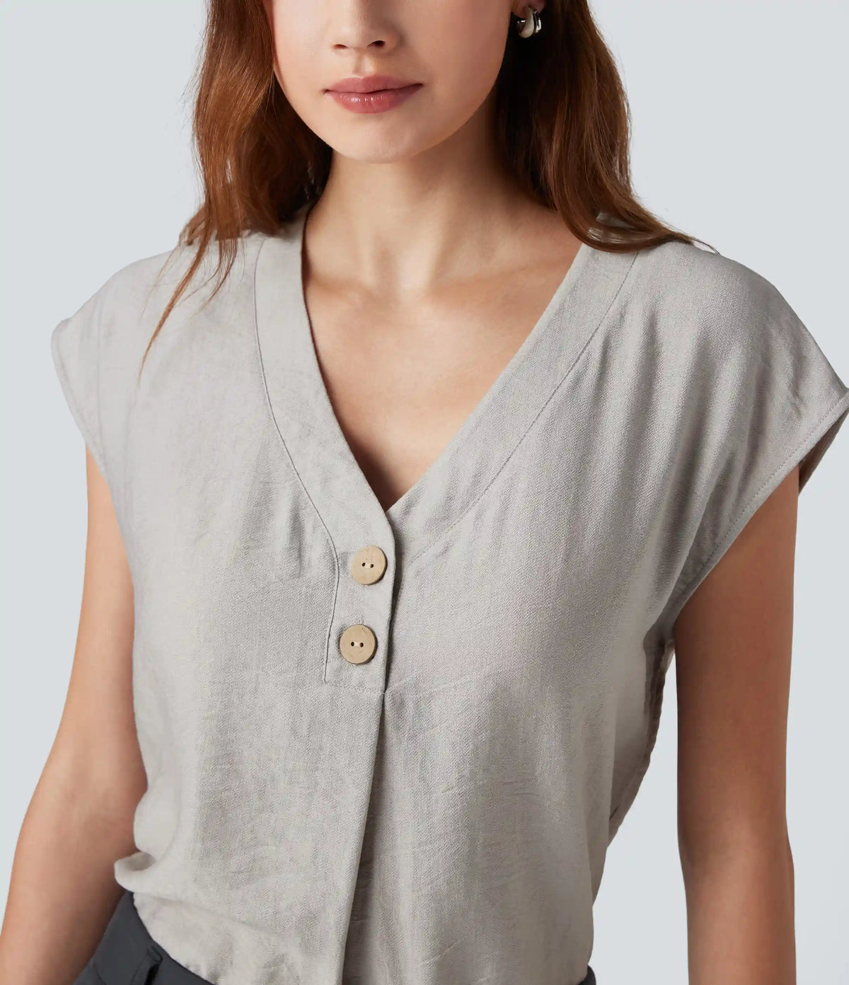 V Neck Cap Sleeve Decorative Work Blouse