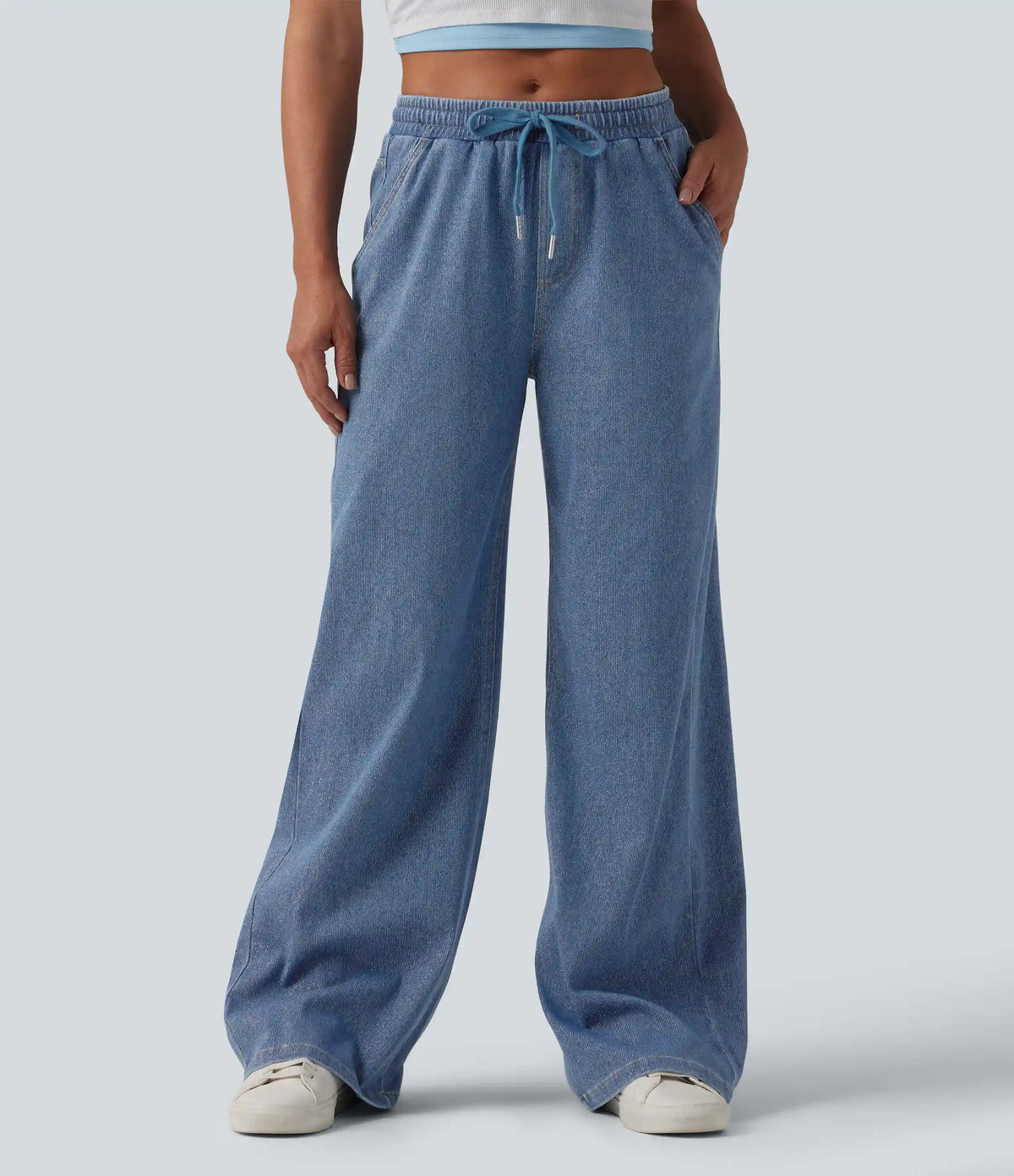 Halara Flex™ Low Rise Drawstring Wide Leg Silver Shine Casual Sweatpants Jeans with Pockets