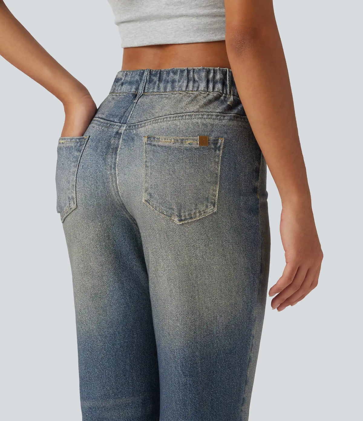 Mid Rise Denim Print Casual Flare Jeans with Pockets