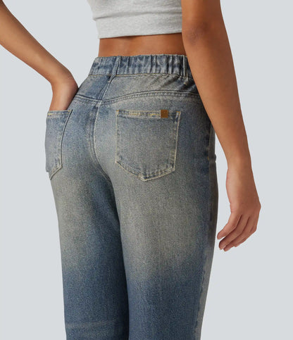 Mid Rise Denim Print Casual Flare Jeans with Pockets