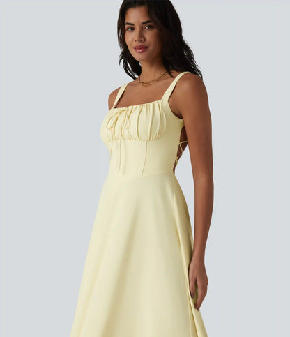 Crisscross Backless Square Neck Sleeveless Ruched Built-in Bra Midi Resort Flowy Milkmaid Dress
