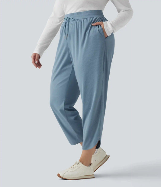 Plus Size Mid Rise Drawstring Curved Hem Quick Dry Golf Tapered Pants with Pockets-UPF40+