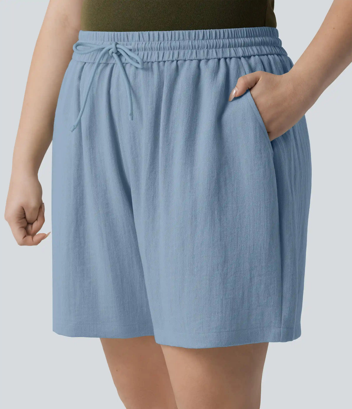 High Waisted Drawstring Casual Linen-Feel Plus Size Shorts with Pockets