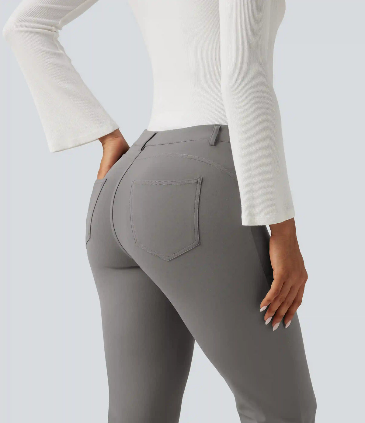Halara Flex™ V-Shaped High Waisted Asymmetric Wrinkle Recovery Flare Work Pants with Pockets