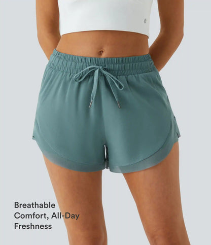 Mid Rise Drawstring Contrast Mesh 2-in-1 Flowy Running Shorts 3''