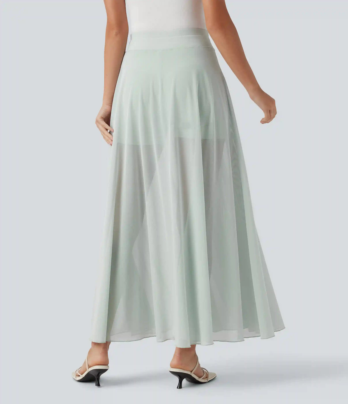 High Waisted Drawstring Contrast Mesh 2-in-1 Pocket Flowy Maxi Flare Casual Skirt