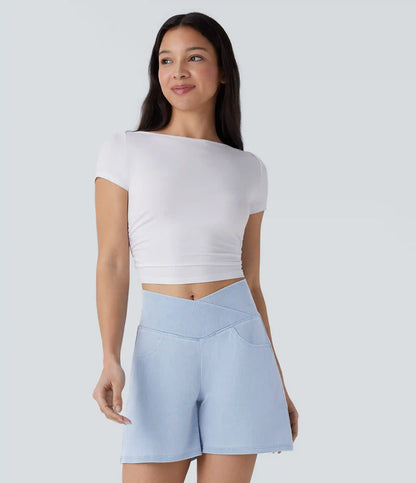 Halara Flex™ Crossover High Waisted Pockets Wide Leg A Line Washed Denim Casual Shorts