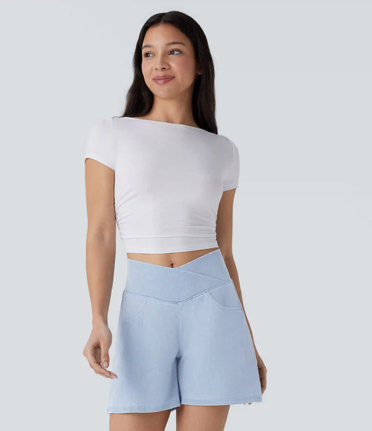 Halara Flex™ Crossover High Waisted Pockets Wide Leg A Line Washed Denim Casual Shorts