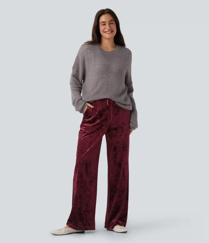 High Waisted Drawstring Velvet Casual Wide Leg Pants with Pockets