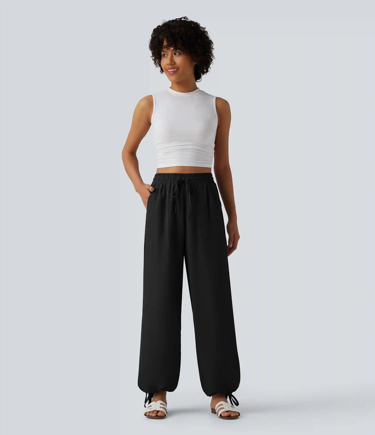 High Waisted Drawstring Wide Leg Casual Linen-Feel Joggers with Pockets