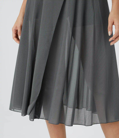High Waisted Drawstring Contrast Mesh 2-in-1 Pocket Flowy Midi Flare Casual Skirt