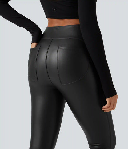 High Waisted Ruched Stretchy PU Fleece Yoga Leggings with Pockets