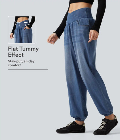 Halara Flex™ High Waisted Crossover Tummy Control Denim Casual Joggers with Pockets