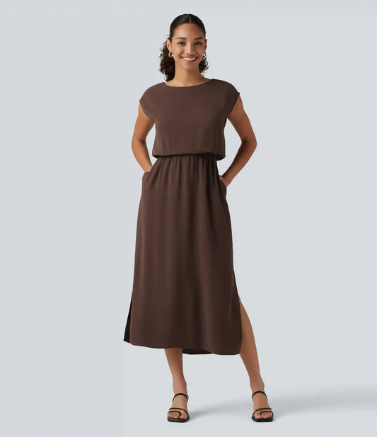 Boat Neck Cap Sleeve Midi Work Dress with Pockets