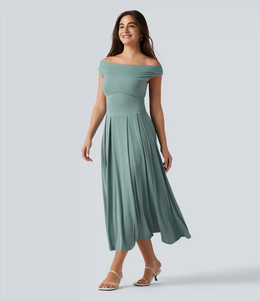Ribbed Off Shoulder Tummy Control Midi Casual Flowy Dress