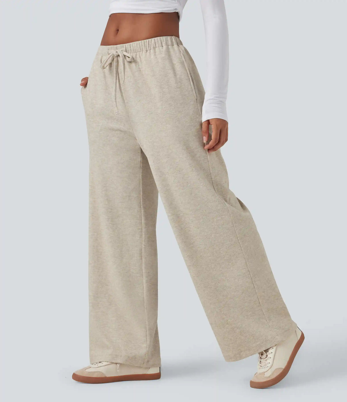 Ribbed Knit Low Rise Drawstring Casual Baggy Pants with Pockets