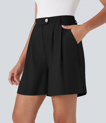 High Waisted Zipper Pocket Work Linen-Feel Bermuda Shorts